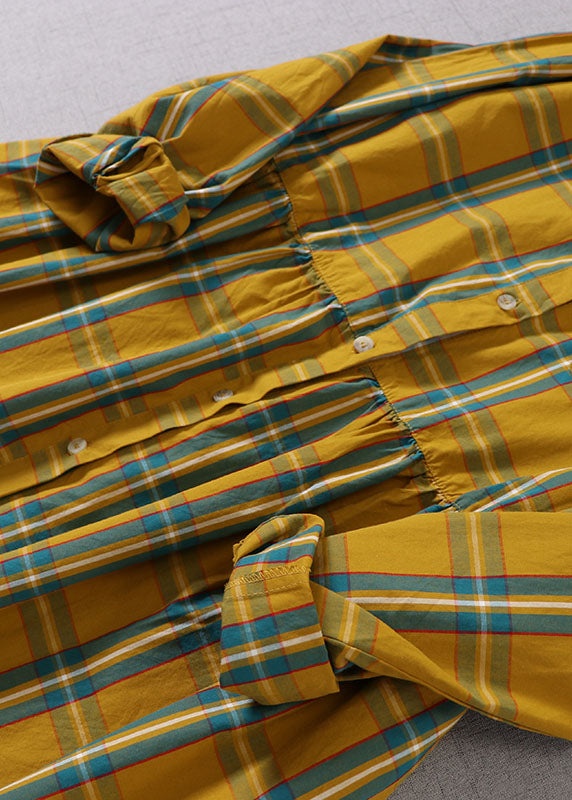 Yellow Green Plaid Peter Pan Collar Button Cotton Holiday Dress Long Sleeve