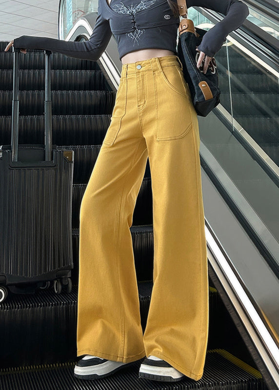 Yellow High Waist Pockets Denim Straight Pants Fall
