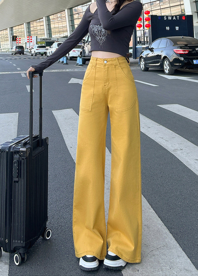 Yellow High Waist Pockets Denim Straight Pants Fall
