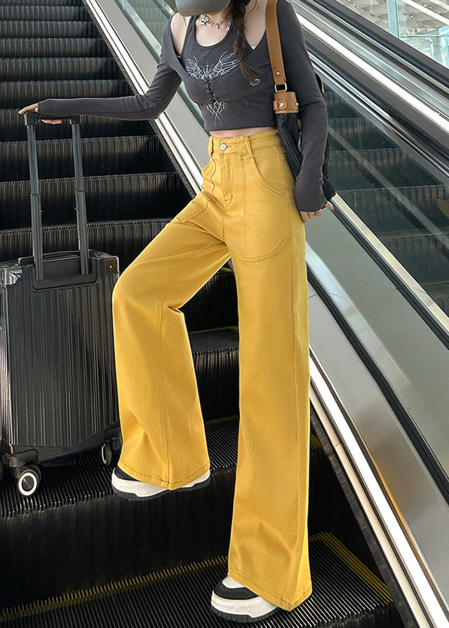 Yellow High Waist Pockets Denim Straight Pants Fall