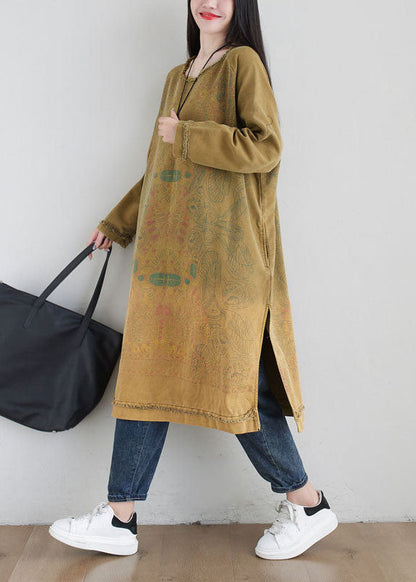 Yellow O Neck Print Side Open Cotton Mid Dress Spring