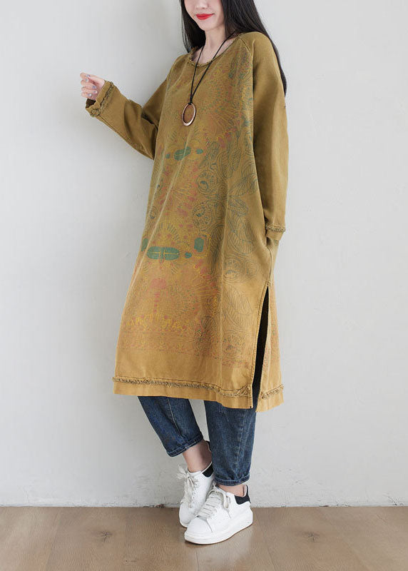 Yellow O Neck Print Side Open Cotton Mid Dress Spring