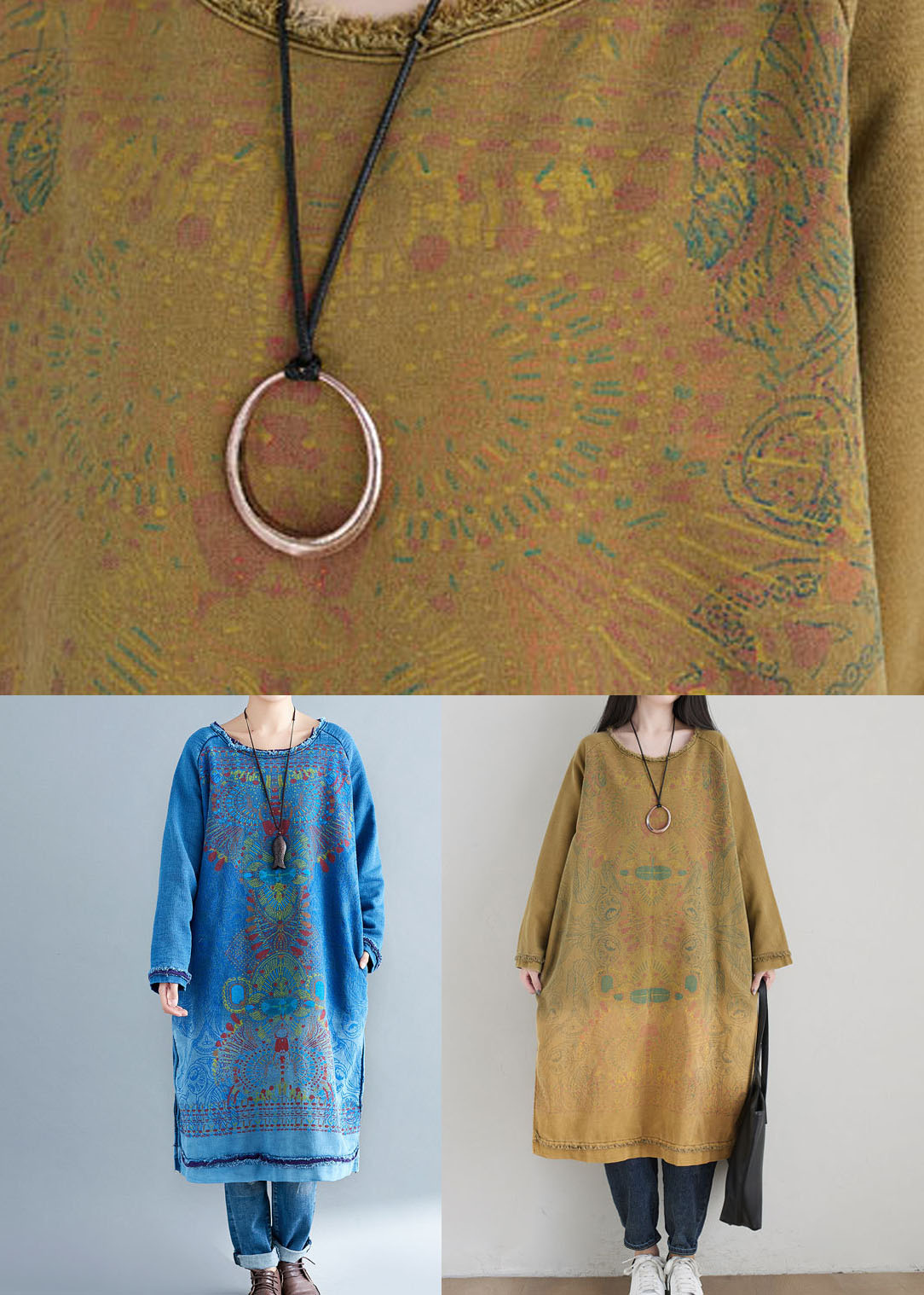 Yellow O Neck Print Side Open Cotton Mid Dress Spring