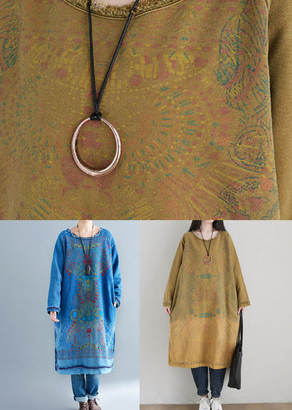 Yellow O Neck Print Side Open Cotton Mid Dress Spring