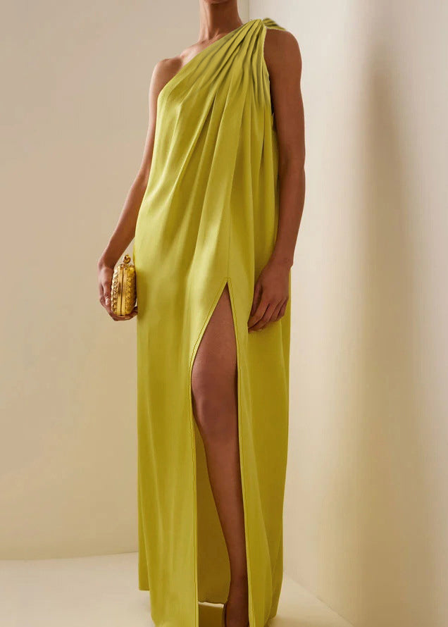 Yellow One Shoulder Asymmetrical Wrinkled Maxi Dresses Summer