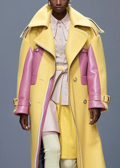 Yellow Oversized Patchwork Faux Leather Coat Outwear Fall