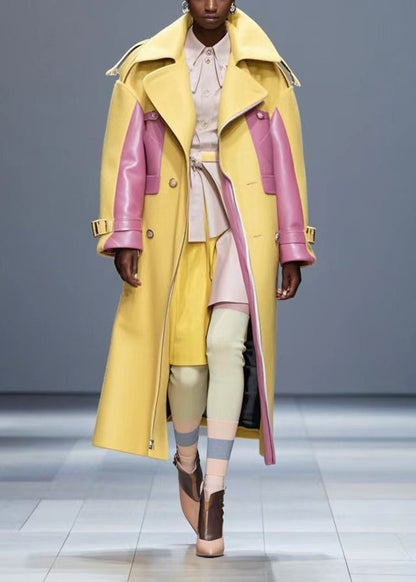 Yellow Oversized Patchwork Faux Leather Coat Outwear Fall