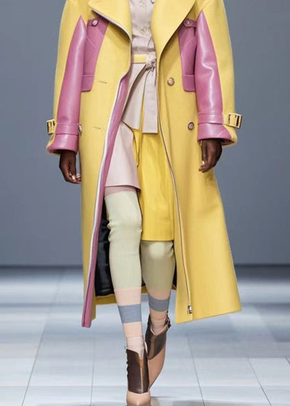 Yellow Oversized Patchwork Faux Leather Coat Outwear Fall