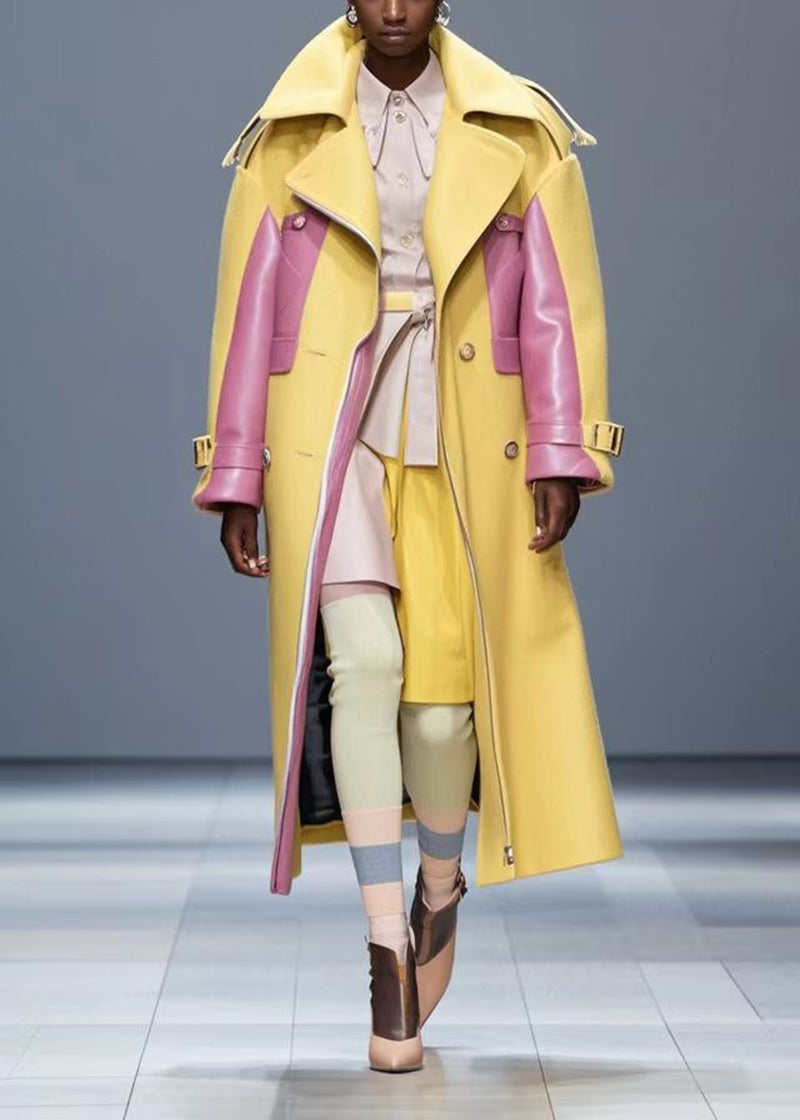 Yellow Oversized Patchwork Faux Leather Coat Outwear Fall