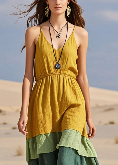 Yellow Patchwork Cotton Cami Dresses Summer