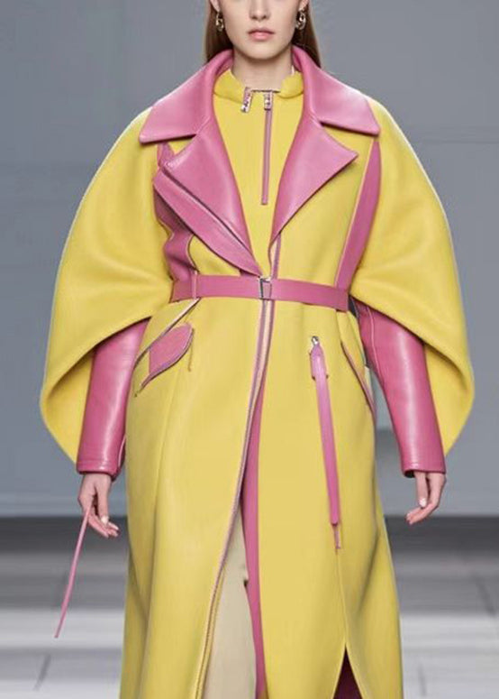 Yellow Patchwork Faux Leather Coat Outwear Cloak Sleeves