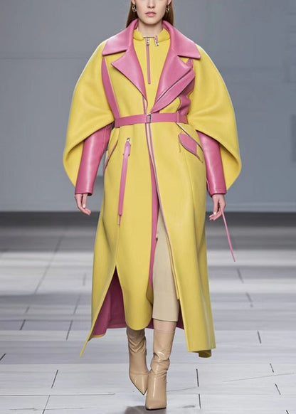Yellow Patchwork Faux Leather Coat Outwear Cloak Sleeves