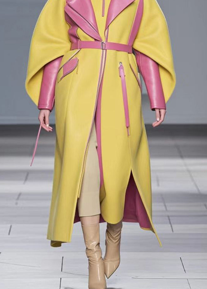 Yellow Patchwork Faux Leather Coat Outwear Cloak Sleeves