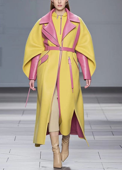 Yellow Patchwork Faux Leather Coat Outwear Cloak Sleeves