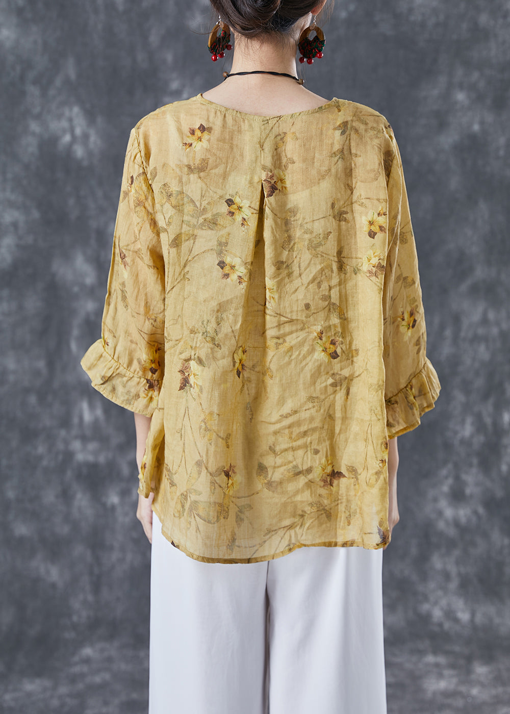 Yellow Patchwork Print Linen Blouse Tops Bracelet Sleeve