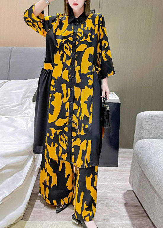 Yellow Peter Pan Collar Patchwork Silk Shirt Wide Leg Pants Two Pieces Set Spring