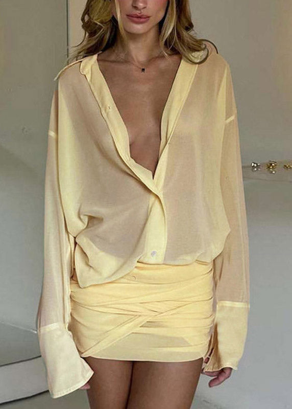 Yellow Peter Pan Collar Patchwork Tunic Mid Shirts Dress Spring