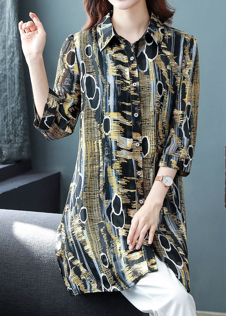 Yellow Peter Pan Collar Print Patchwork Chiffon Blouse Tops Bracelet Sleeve