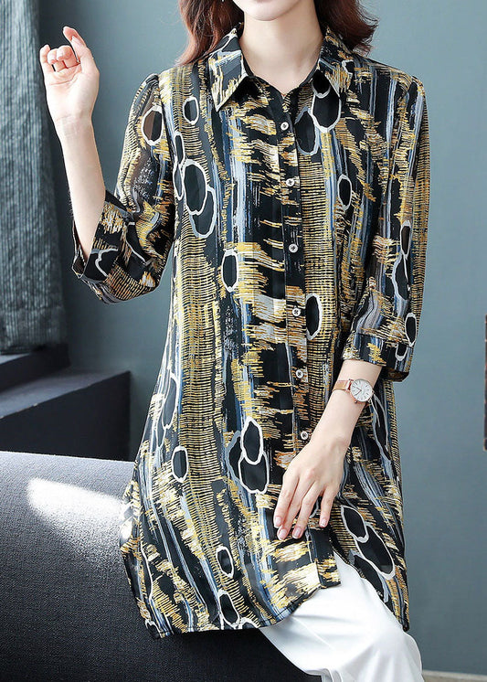 Yellow Peter Pan Collar Print Patchwork Chiffon Blouse Tops Bracelet Sleeve