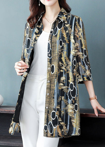 Yellow Peter Pan Collar Print Patchwork Chiffon Blouse Tops Bracelet Sleeve