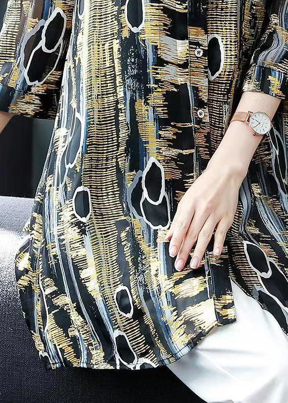 Yellow Peter Pan Collar Print Patchwork Chiffon Blouse Tops Bracelet Sleeve