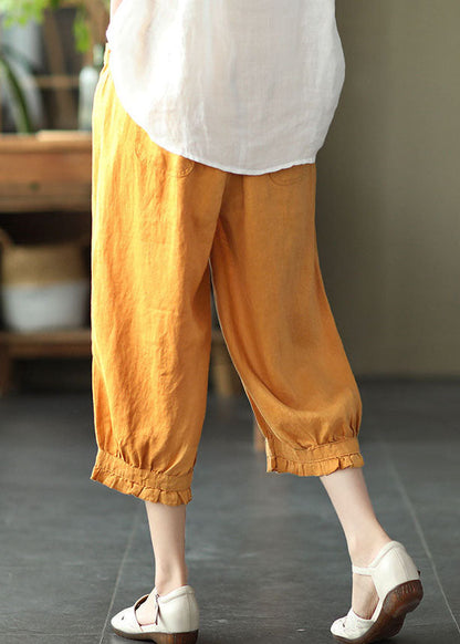 Yellow Pockets Ruffled Patchwork Linen Crop Pants Summer