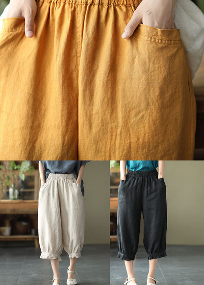 Yellow Pockets Ruffled Patchwork Linen Crop Pants Summer
