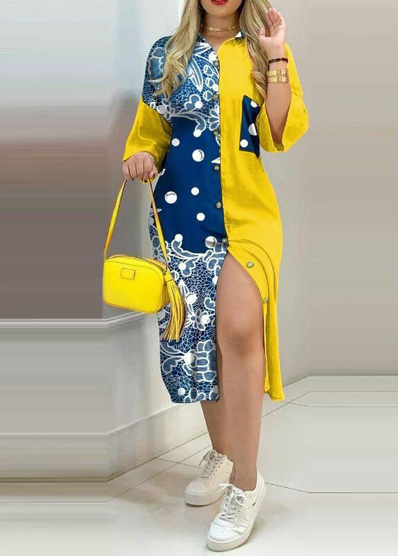Yellow Print Button Chiffon Shirts Dresses Spring