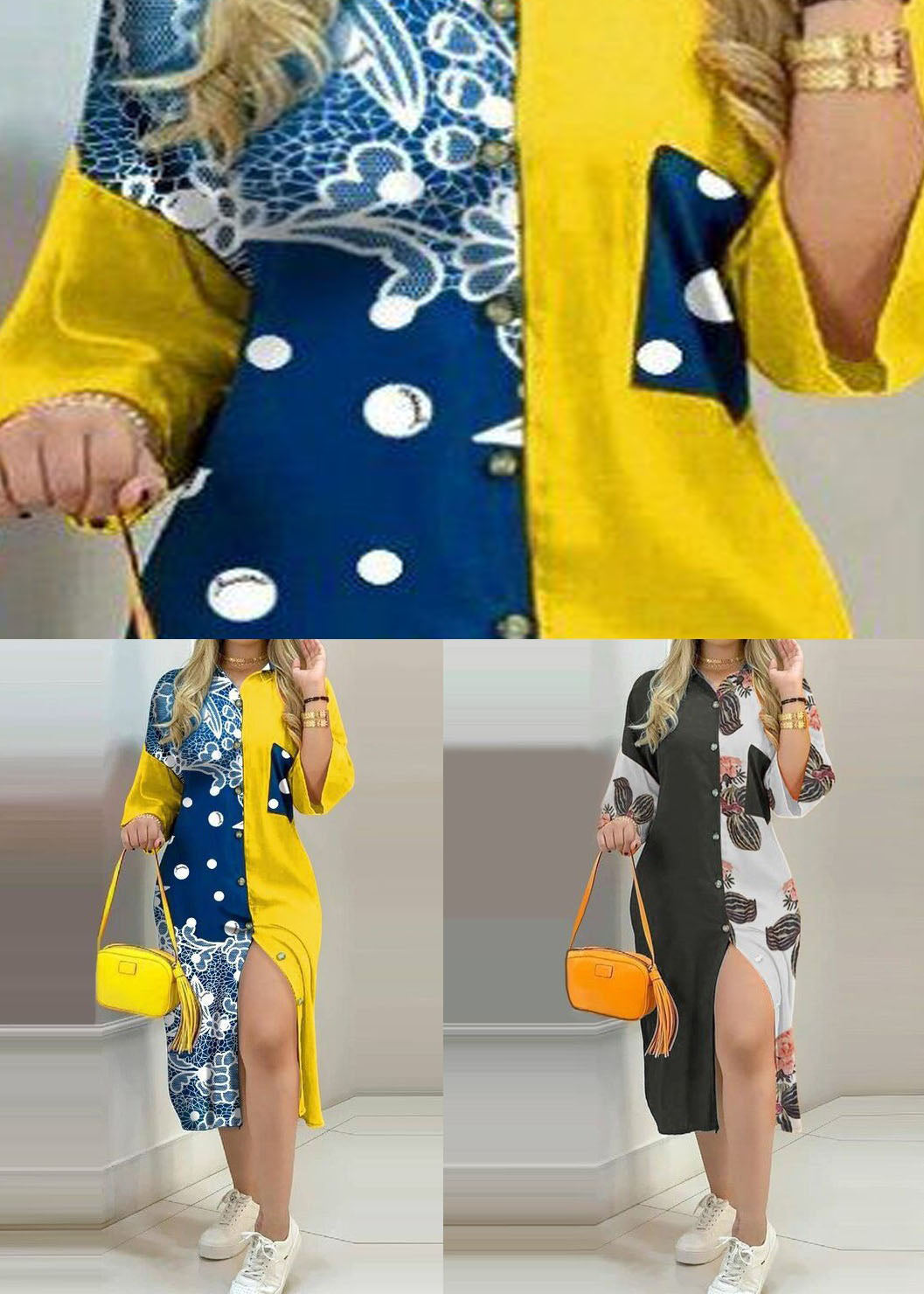 Yellow Print Button Chiffon Shirts Dresses Spring