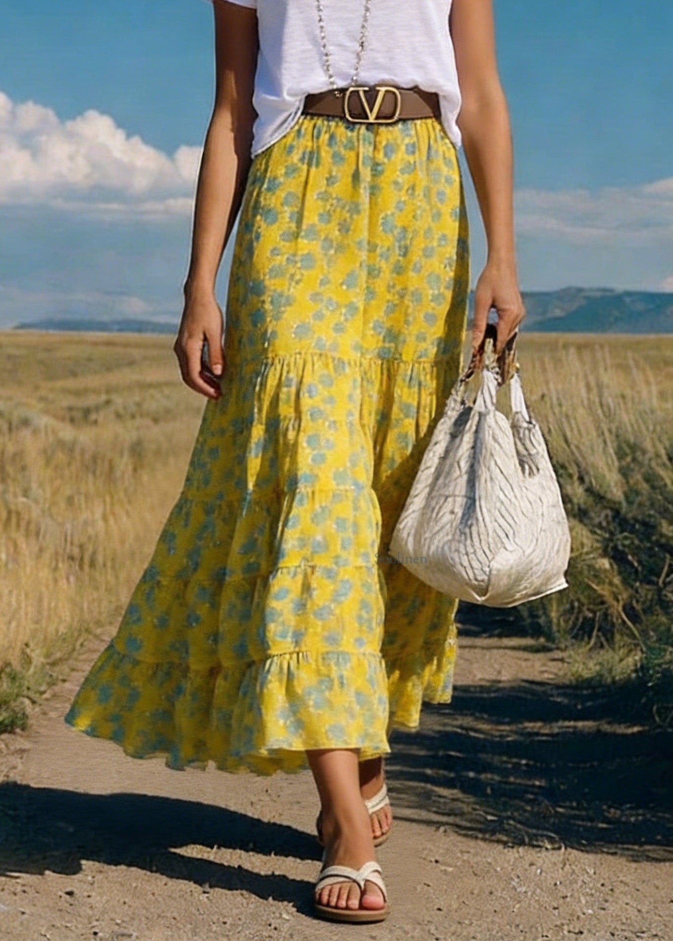Yellow Print Wrinkled Chiffon Skirts Summer