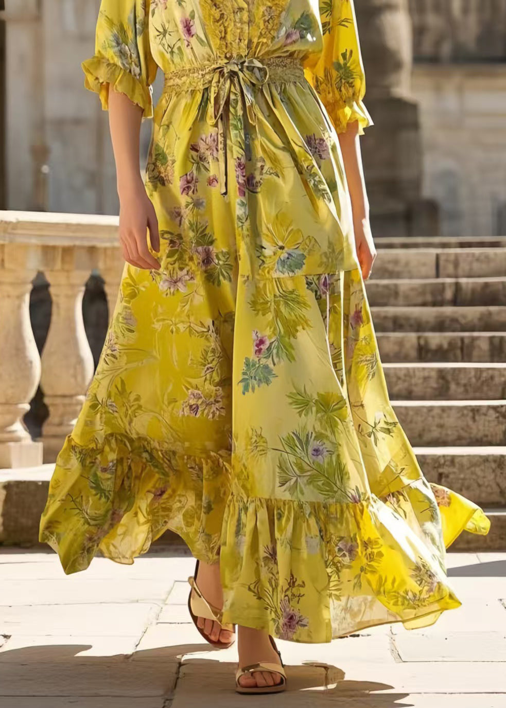 Yellow Ruffled Print Silk Tunic Dress Summer