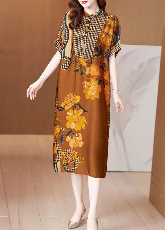 Yellow Stand Collar Patchwork Print Silk Long Dresses Summer