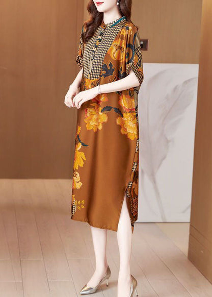 Yellow Stand Collar Patchwork Print Silk Long Dresses Summer