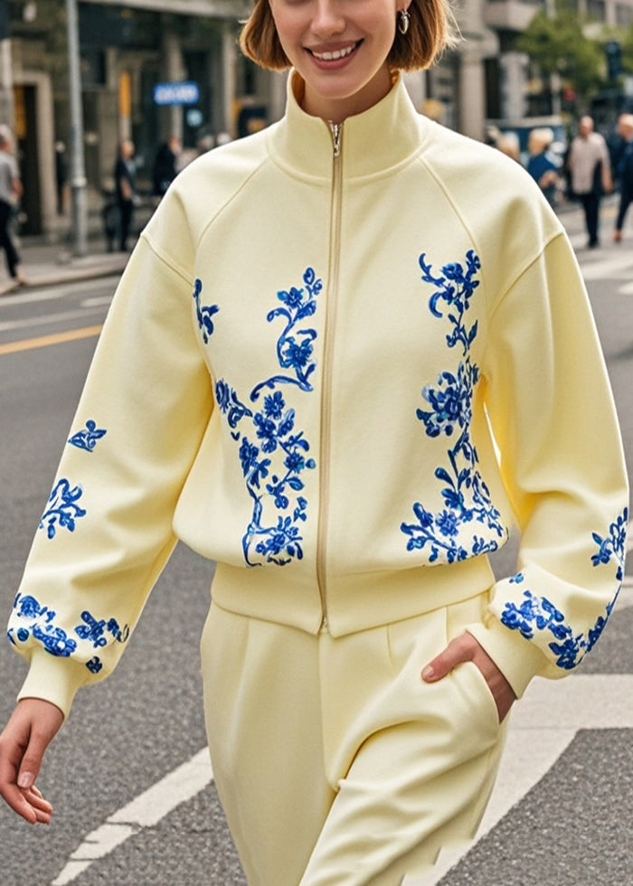 Yellow Stand Collar Print Cotton Jacket Fall