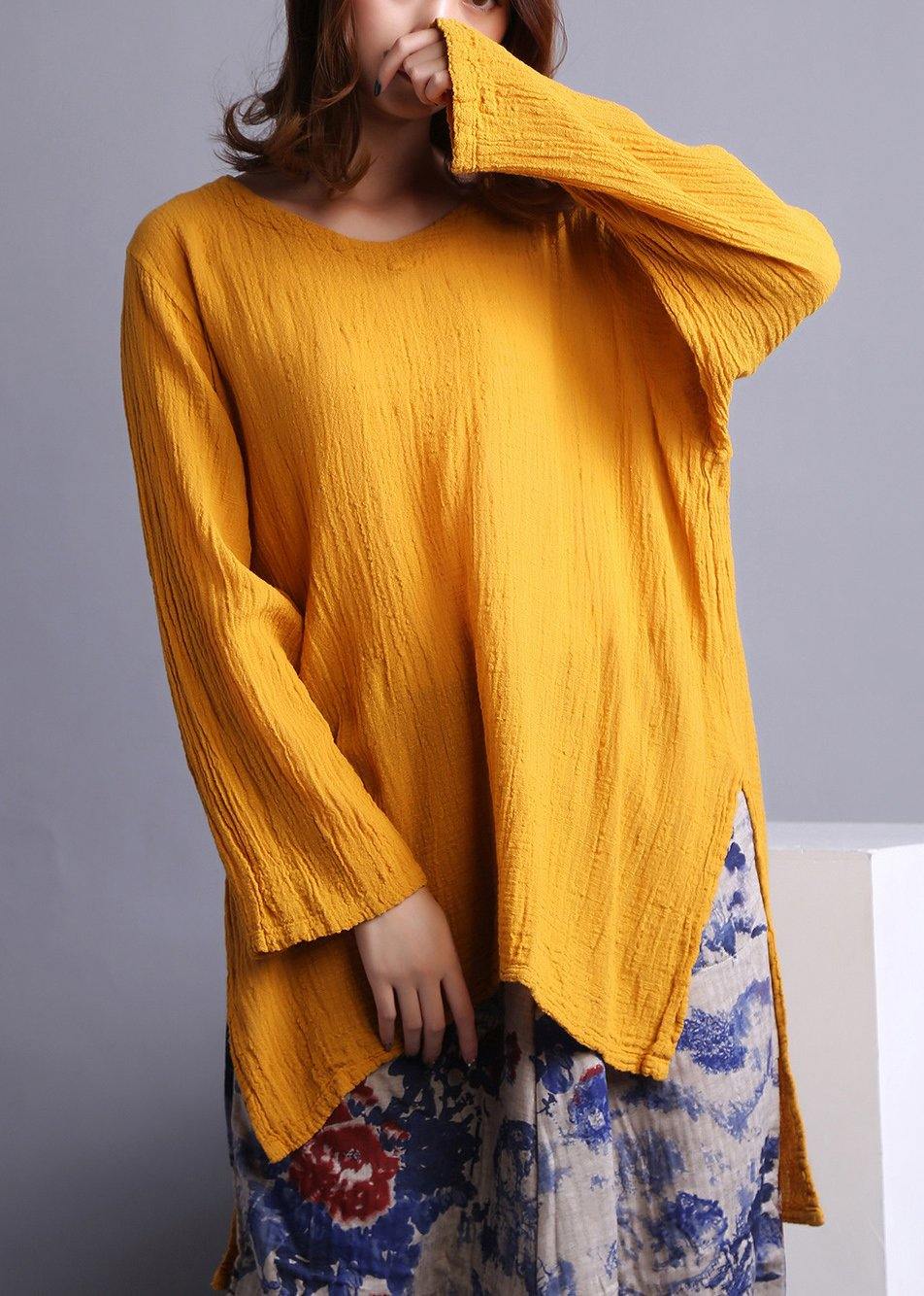 Boho Yellow U Neck low high design Linen Spring Shirt
