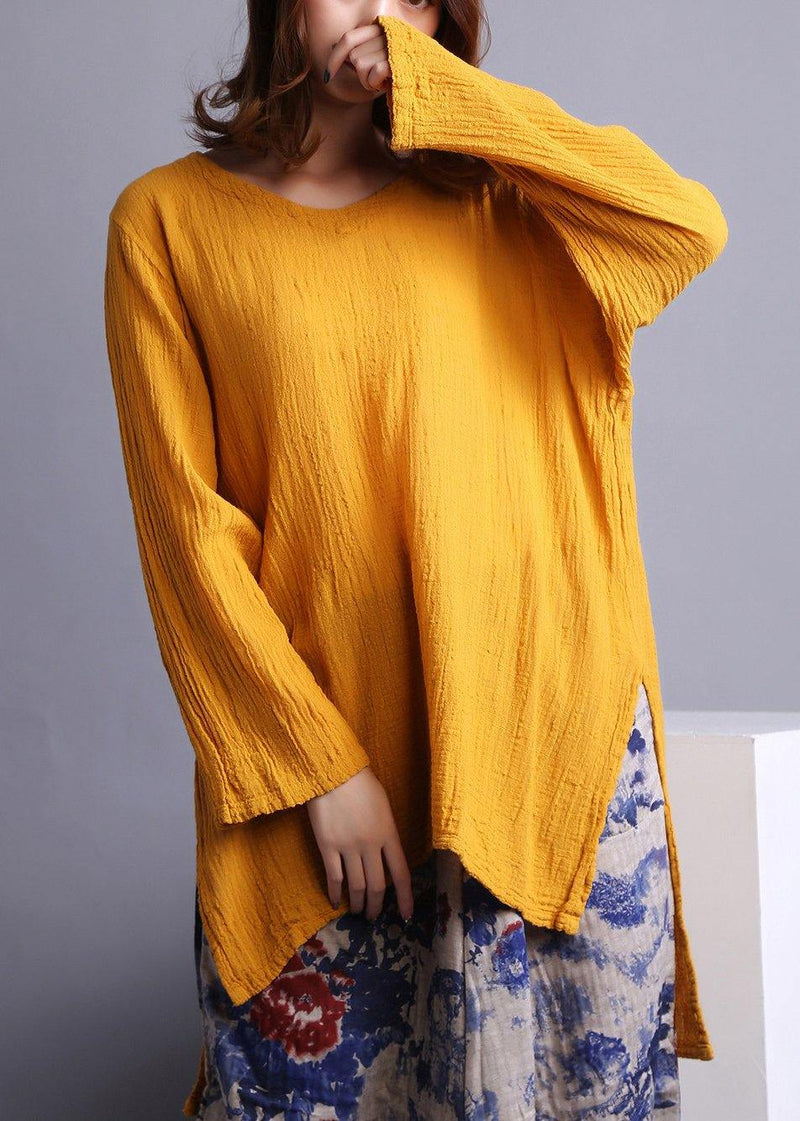 Yellow U Neck Low High Design Linen Spring Shirt