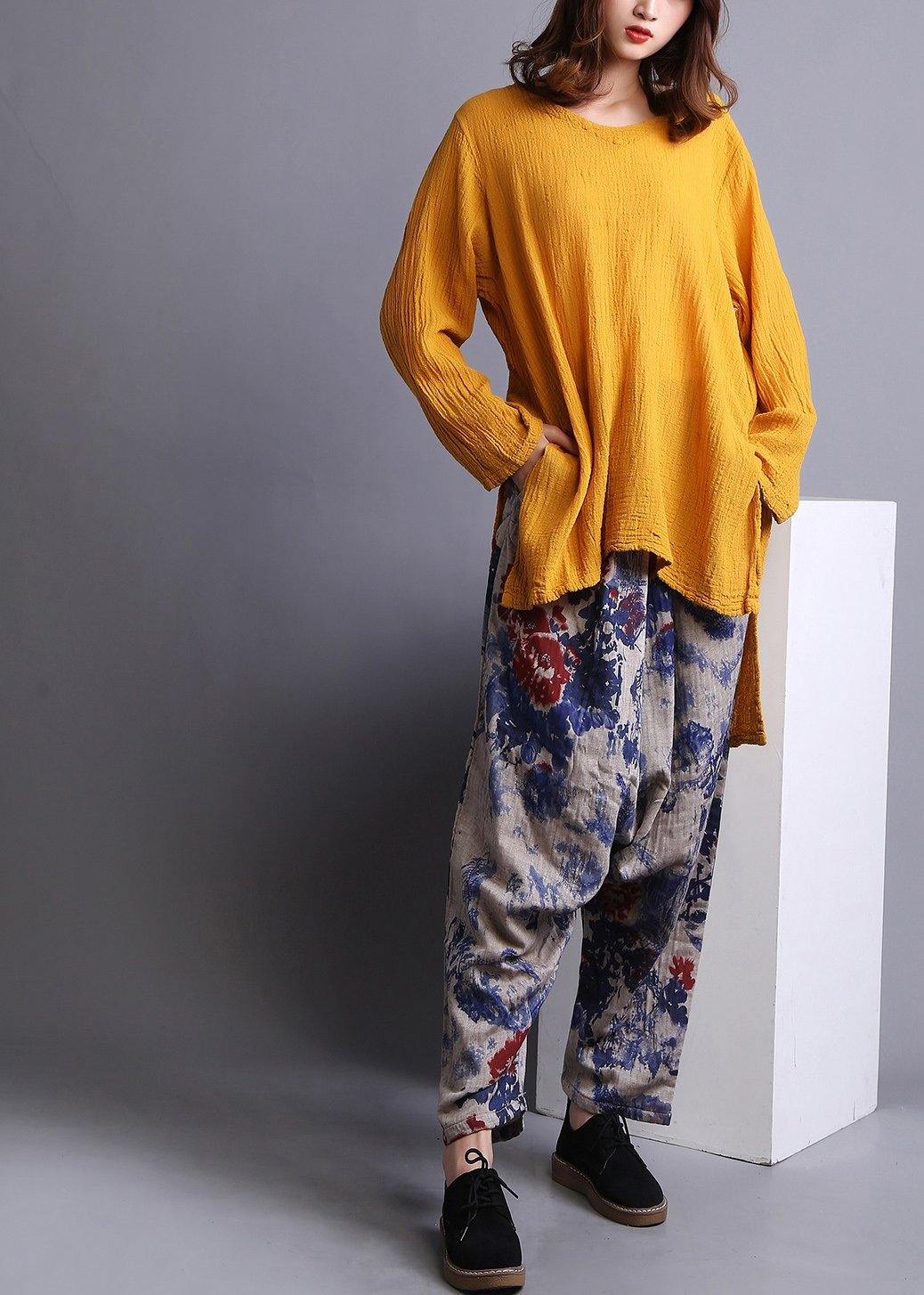 Boho Yellow U Neck low high design Linen Spring Shirt