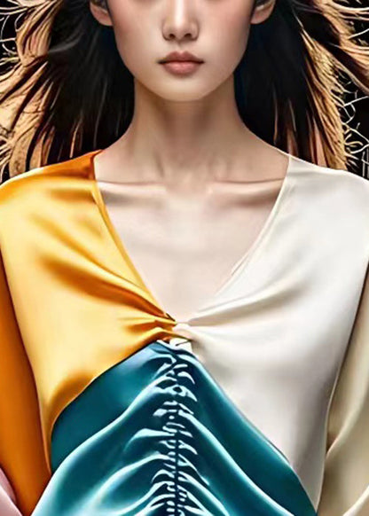 Yellow V Neck Lace Up Silk Blouses Half Sleeve