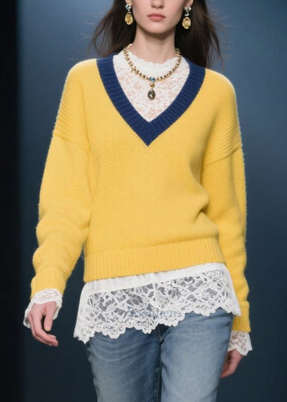 Yellow V Neck Warm Knitted Tops Winter