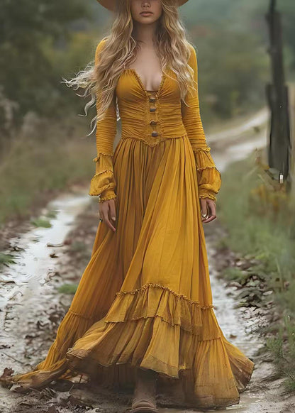 Yellow Wrinkled Patchwork Cotton Long Dresses Spring