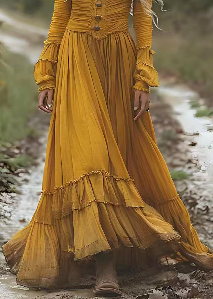 Yellow Wrinkled Patchwork Cotton Long Dresses Spring