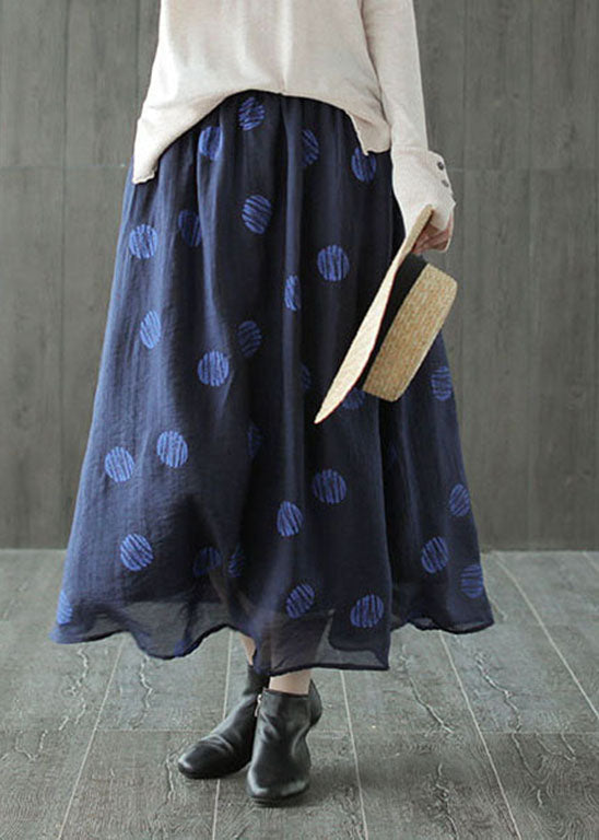 Yellow Elastic Waist Dot Print Linen Skirts Spring