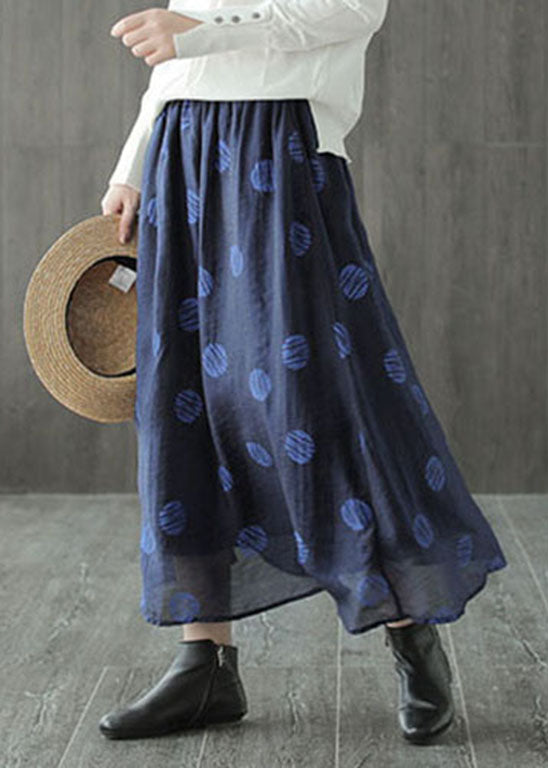 Yellow Elastic Waist Dot Print Linen Skirts Spring
