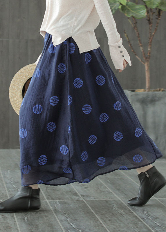 Yellow Elastic Waist Dot Print Linen Skirts Spring