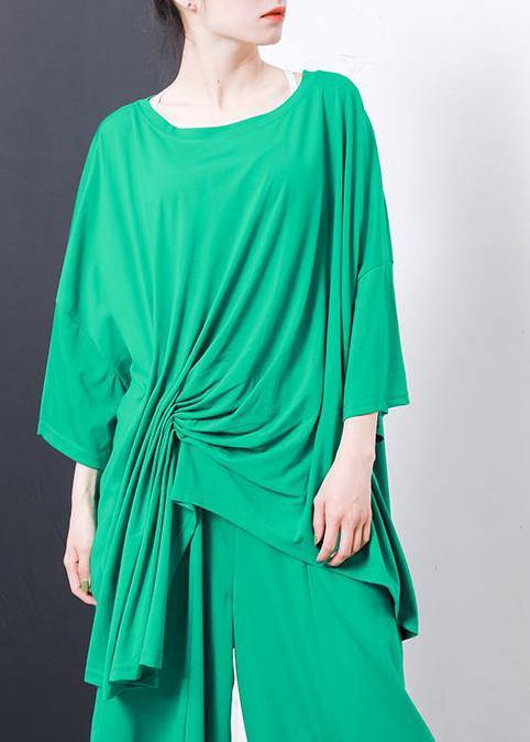Green Irregular Design T-shirt Cotton Pleated Color Clothes