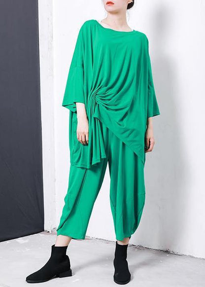 Green Irregular Design T-shirt Cotton Pleated Color Clothes