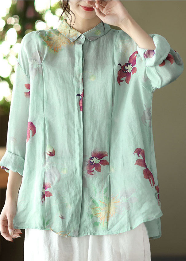 Light Green Button Peter Pan Collar Linen Blouses Spring