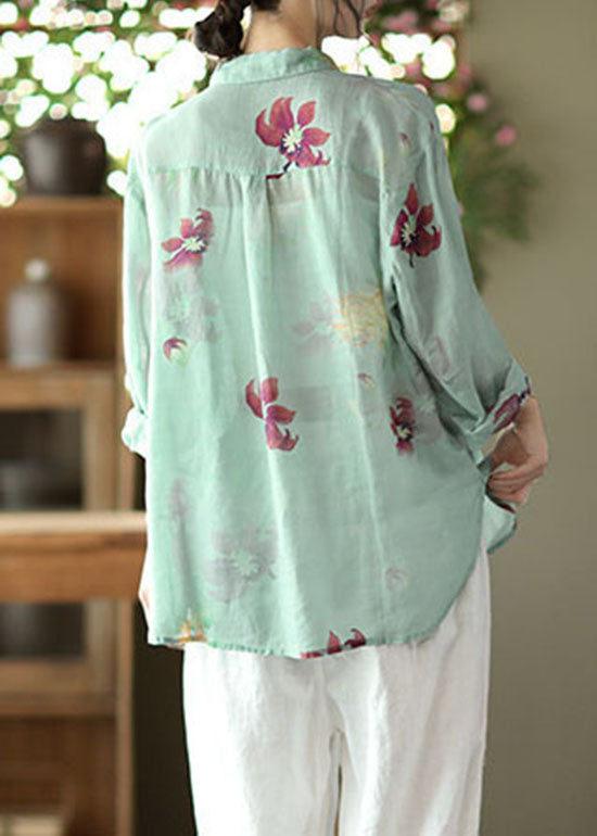 Light Green Button Peter Pan Collar Linen Blouses Spring