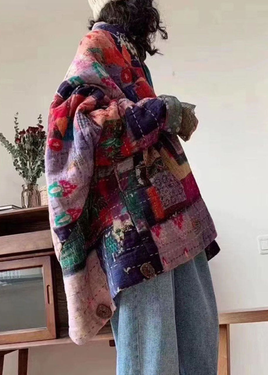 Retro Print Button Pockets Winter Cotton Parka