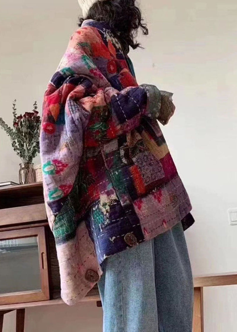 Retro Print Button Pockets Winter Cotton Parka